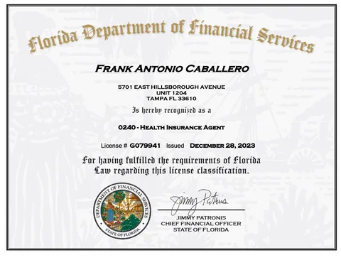 Florida insurance license for Frank Antonio Caballero